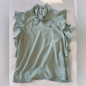 Ruffled Sleeveless Blouse with Bow Detail – Fully Lined, Soft Sage Green, Size L